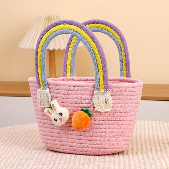 Honmine Easter Bunny Basket with Handle, Woven Rope Storage Tote for Candy Eggs, Decorative Spring Centerpiece for Indoor Outdoors, Picnic Party Favor Container