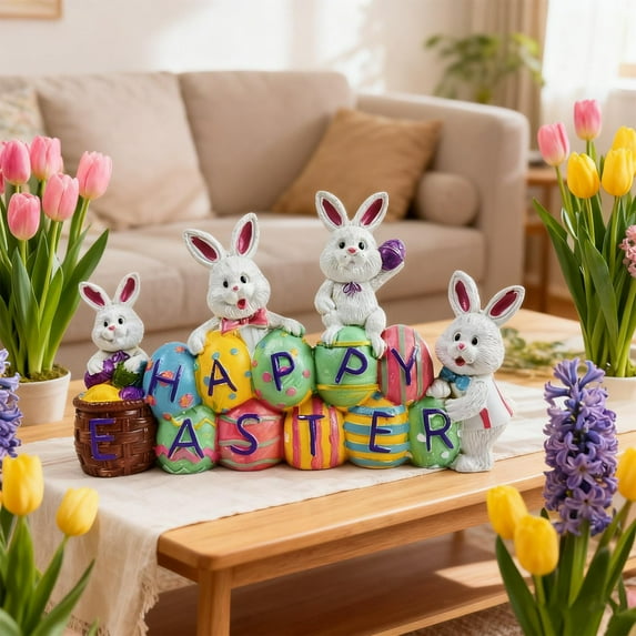 Honmine Easter Bunny Eggs Centerpiece Tabletop Decorations, Resin Rabbit Figurine Decor Happy Easter Eggs Spring Bunny Statue for Home Tiered Tray Decorations