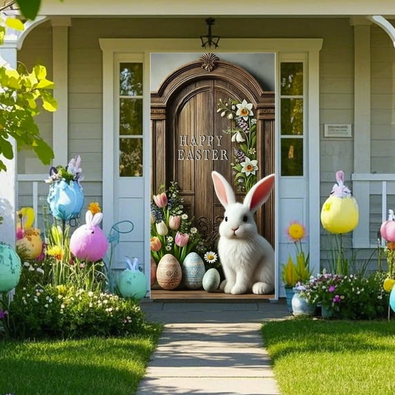 Honmine Easter Bunny Eggs Door Cover Banners, Spring Flowers and Blue Bow Pastel Design, Home Indoor Outdoor Holiday Decoration, Seasonal Festive Decor for Spring Celebration