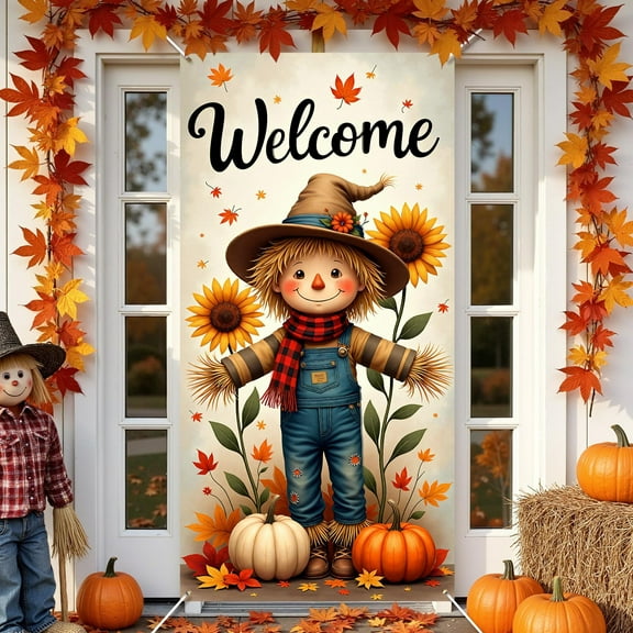Honmine Fall Door Cover Autumn Pumpkin Front Door Hanging Banner Thanksgiving Harvest Photo Background for Autumn Holiday Party Decorations and Supplies, 71 x 35 Inches