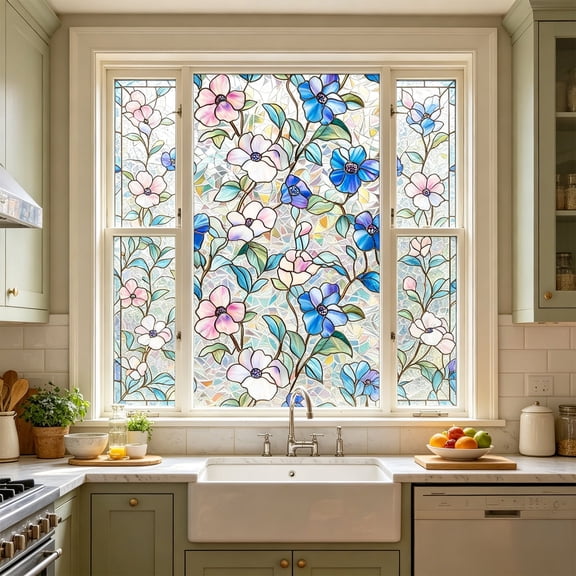 Honmine Flower Stained Glass Window Film Holographic, Privacy Cling Decorative Film for Home 17x39in, Static Cling for Bathroom Door Cabinet