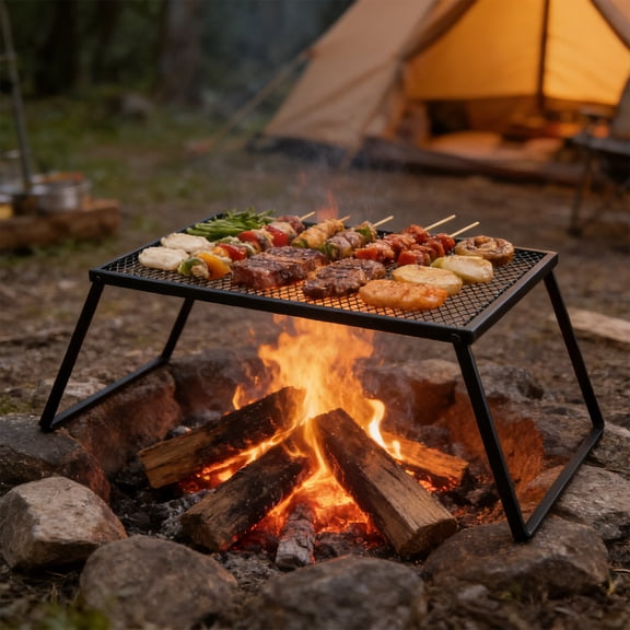 Honmine Folding Barbecue Grill, Camping Firewood Rack, Portable Outdoor Cooking Grate, Iron Camp Stove Grill, Picnic Campfire Grid