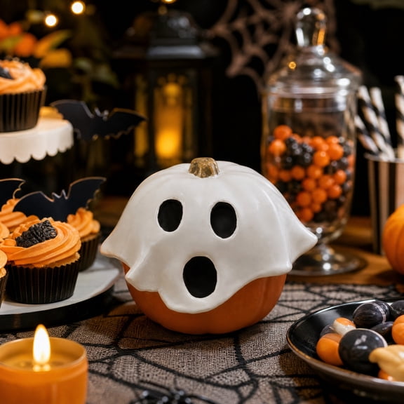 Honmine Ghost Covered Pumpkin Figurine, Cute Spooky Resin Tabletop Decor, Halloween Pumpkin Ornament for Indoor Home, Shelf, Entryway