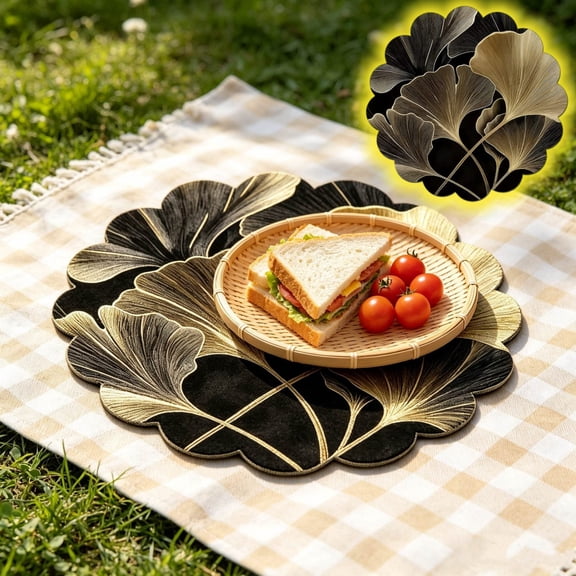 Honmine Ginkgo Leaf Style Black Gold Placemat, Washable Stable Heat Safe Decorative Mat, For Elegant Table Settings And Daily Use, Dining, Buffet