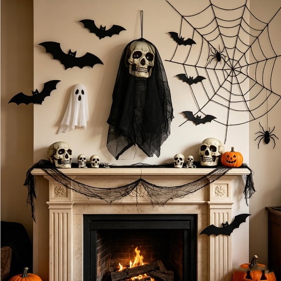Honmine Halloween Gauze Skull Hanging Ghost, Horror Decoration for Bar Event Venue Layout, Spooky Ceiling Hanging Prop for Party Store Setup