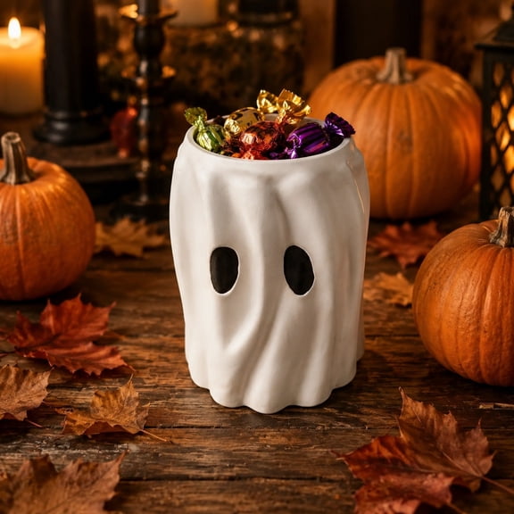 Honmine Halloween Ghost Shaped Ceramic Flowerpot, Ghost Candy Storage Bucket Planter, Multifunctional Desktop Ornament for Shelf, Table, Window, Holiday Display