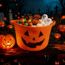 Honmine Halloween Gift Basket, Pumpkin Design Bucket with Cotton Rope Handle, Candy Storage Container for Trick-or-Treat Collection, Party Favor Display, Seasonal Decoration