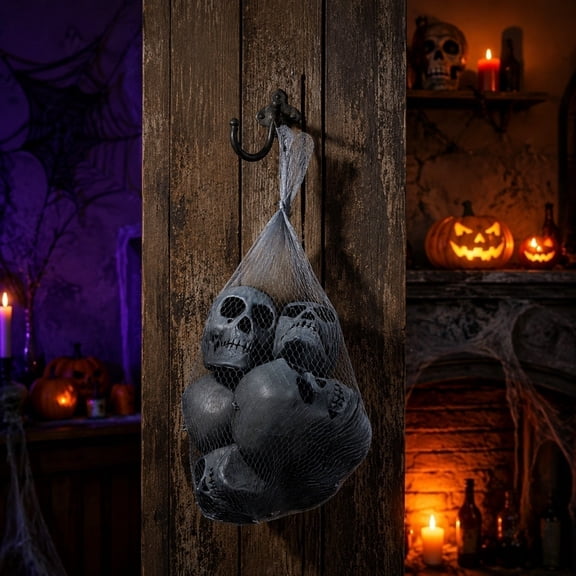 Honmine Halloween Prop Mesh Bag Skull Pendant, Hanging Skeleton Head Decoration, Scary Bone Ornament for Tree Window Door Graveyard Party Favor