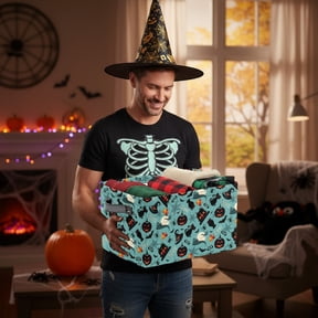 Honmine Halloween Pumpkin Spooky Storage Basket, Fabric Kitchen Baskets Bat Black Open Home Storage Bins Boxes Foldable Organizer Bag for Cloth Pet Toy Book Shelf Closet Baskets
