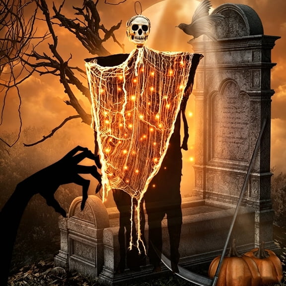 Honmine Hanging Skull Ghost Ornament with Two Mode LED, Tattered Gauze Body for Porch Tree Yard Home Party, Courtyard Indoor Venue Scene Arrangement Spooky Decor