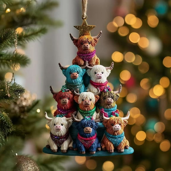 Honmine Highland Cow Christmas Tree Wooden Ornament – Cute Farm Animal Holiday Decor for Tree, Gifts for Cow Lovers, Rustic Wooden Christmas Decoration