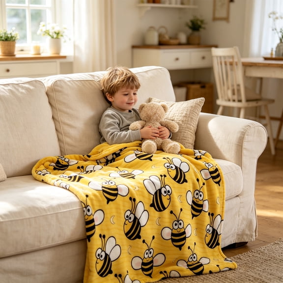 Honmine Honeybee Festival Flannel Blanket, with Three Dimensional Digital Heat Transfer Print, 39x59 Inch Lightweight Blanket for Sofa, Bed, Office
