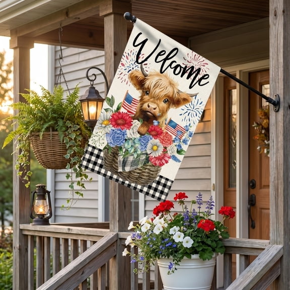 Honmine Independence Day Garden Flag Arrival, Digital Printed Linen Flag Outdoor Yard Decoration, 12x18 Inch Greeting Flag for Patio, Deck, Garden