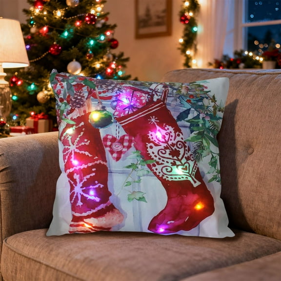 Honmine LED Christmas Pillow with Lights, Flashing and Steady On Two Mode Switching, Printed Plush Sofa Cushion Cover for Holiday, Party, Home Decor