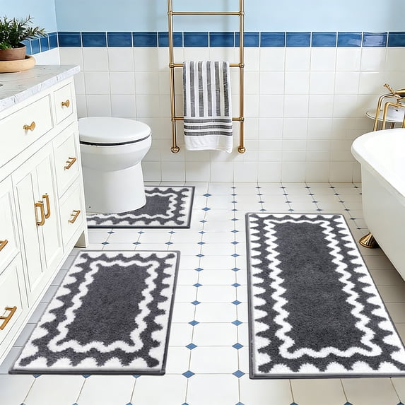 Honmine Microfiber Bathroom Rug Set, 3 Piece U Shaped Contour Mat, Soft Non Slip Absorbent Bath Mats for Toilet, Tub, Shower, Machine Washable