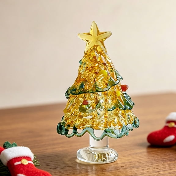 Honmine Mini Handmade Glass Christmas Tree Ornament, Small Desktop Crystal Xmas Tree Table Decor, Hand Crafted Glass Tree for Holiday Centerpiece Gift Box
