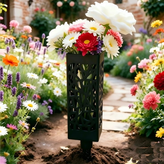 Honmine Outdoor Hollowed-Out Ground Flower Pots, For Courtyards, Lawns, Cemeteries, Artificial Flower Stands, Decorative Black Plastic Flower Containers