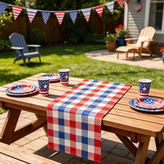 Honmine Patriotic Plaid Table Runner Red White Blue, Checkered Polyester Runner for 4th of July, Independence Day Dining Table Decor for Home Buffet Picnic