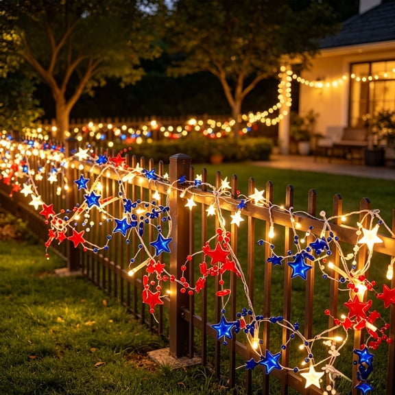 Honmine Patriotic Star String Lights, Red White Blue LED Lights for 4th of July Independence Day, 4.5m 14.8ft Outdoor String Lights for Porch Backyard Balcony