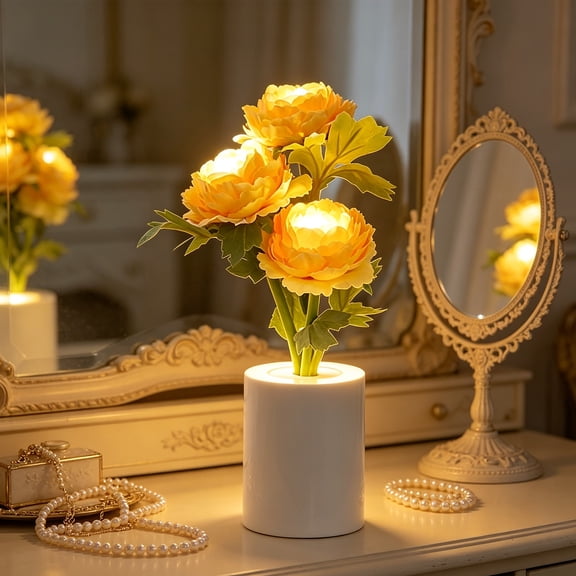 Honmine Peony Flower Night Light, Simulation Fake Flower Bedroom Bedside Light, Silk Peony Decorative Lamp for Living Room, Shelf, Office, Battery Not Included