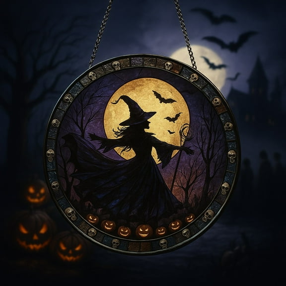 Honmine Personalized Halloween Moon Witch Stained Glass Suncatcher by Stained Glass Window Hangings Birthday Gift for Friend Memorial Hook