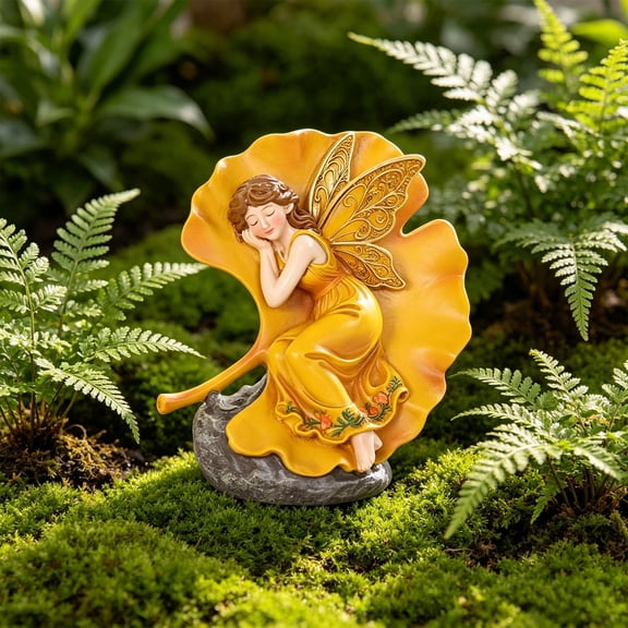 Honmine Resin Garden Figurine Sleeping with Ginkgo Leaf, Outdoor Yard Decor Statue, Fairy Sculpture for Patio, Lawn, Plant Pot, Home Desktop Ornament