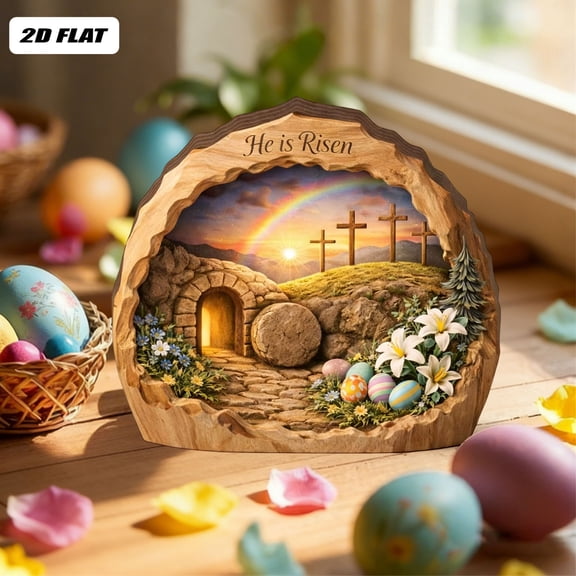 Honmine He Is Risen Easter Decor, Empty Tomb Resurrection Scene, Painted Wooden Decoration Set for Tray Nativity Tray Shelf Decor, Easter Mantel Display