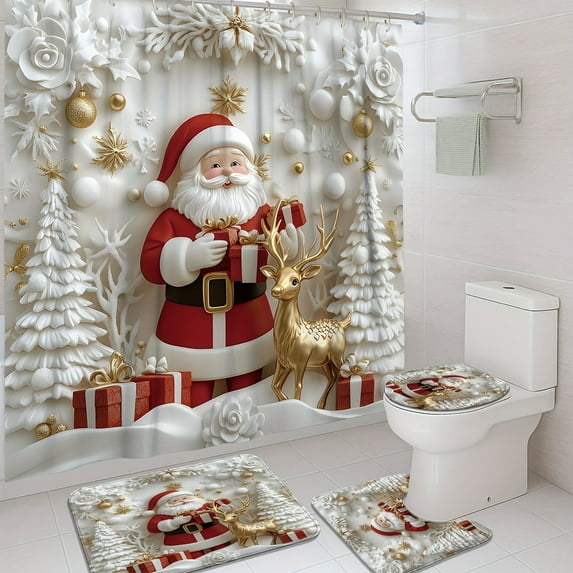 Honmine Santa Claus Reindeer Bathroom Set, 4 Piece Christmas Theme Non-Slip Mat Collection, U Shaped Mat and Shower Curtain Ensemble for Holiday Decor