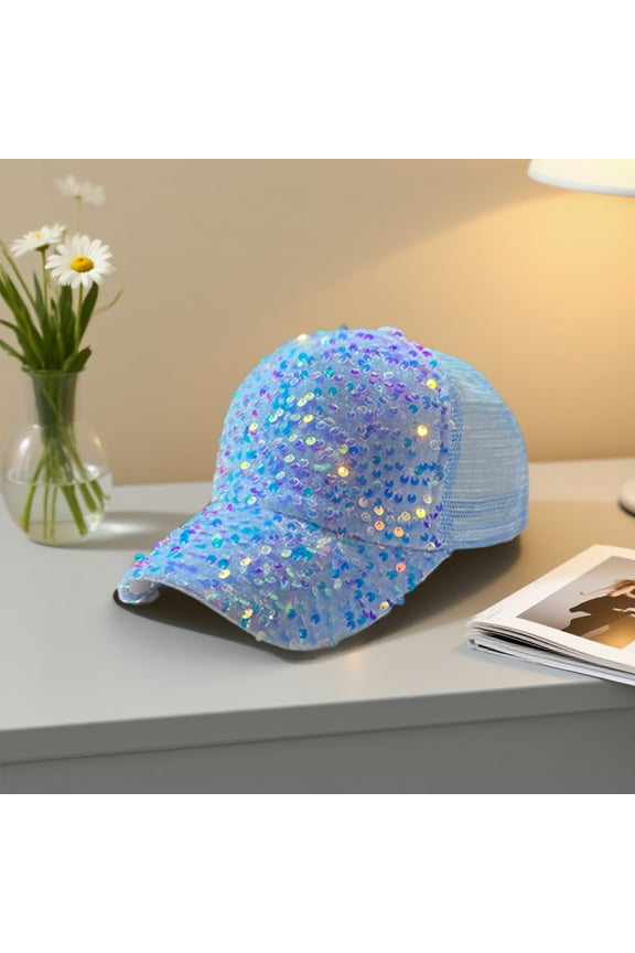 Sequin Mesh Baseball Cap, Adjustable Glitter Hat for Women, Breathable Sun Visor Travel Beach Peaked Cap