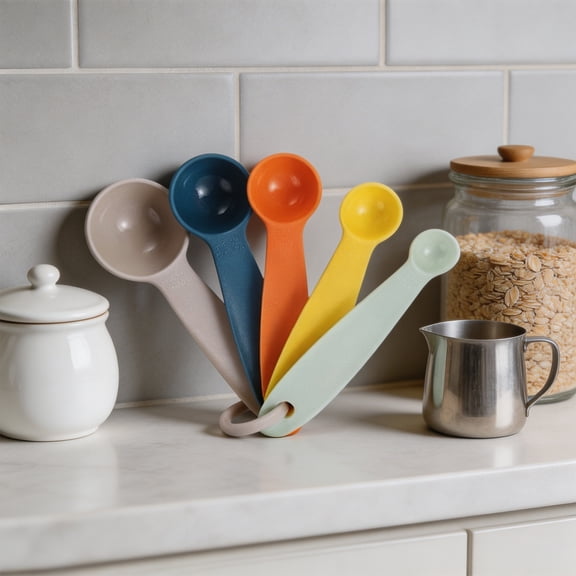 Honmine Set of 5 Measuring Cups and Spoons Dual Spout, Double Sided Scales Plastic with Hanging Ring, Kitchen Baking Measuring Tool Set for Dry Liquid Ingredient