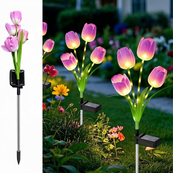 Honmine Solar Powered LED Flower Lamp, Simulation Tulip Ground Light for Outdoor Courtyard, Waterproof Plug In Stake Light for Garden 2 Pack