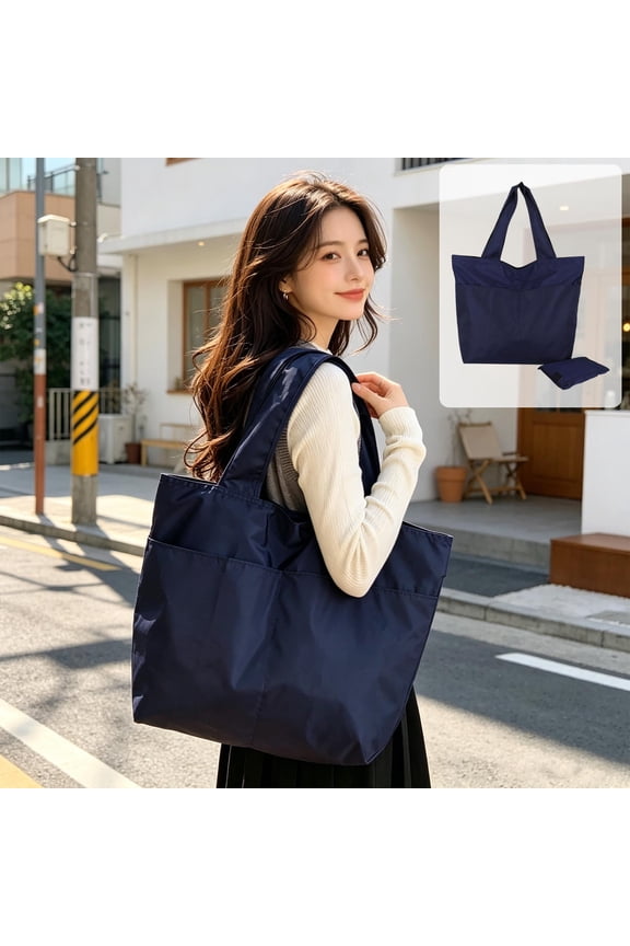 Solid Color Foldable Nylon Shoulder Tote Bag, Large Capacity Zipper Closure Handbag, Casual Daily Carry Bag for Travel Work Shopping Beach Gym