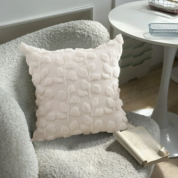 Honmine Spring Pillow Covers 18x18 inch Farmhouse Decor, Cream Eucalyptus Leaves Soft Plush Faux Fur Jacquard Spring Summer Throw Pillows for Bedroom Sofa Home Decor(1PC)