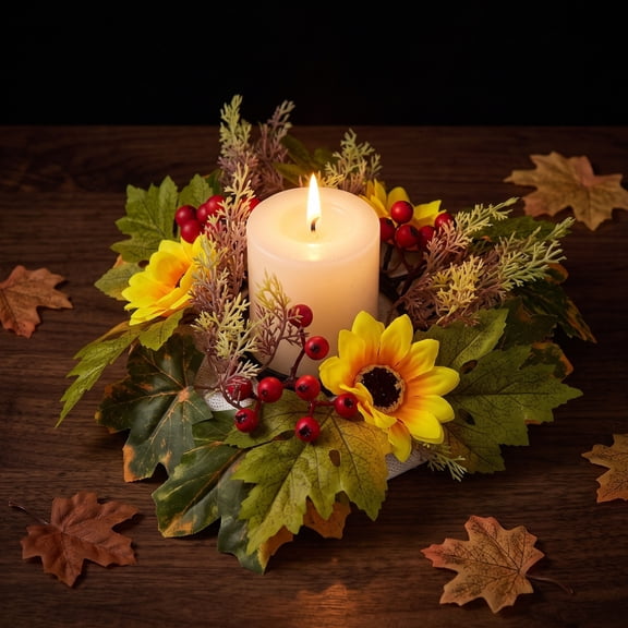 Honmine Sunflower Maple Berry Candlestick Wreath, Harvest Festival Fall Tabletop Ring Decor, Thanksgiving Centerpiece for Dining Table, Mantel, Buffet