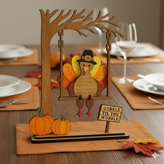 Honmine Swingin' Thanksgiving Turkey Decor Gift Wooden Fall Table Centerpiece Cute Farmhouse Autumn Home Decorations Swinging Turkey Sign for Indoor Outdoor Display Holiday Dinner Table Gift