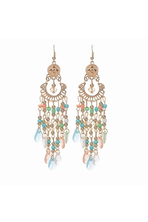 Tassel Bead Earrings, Long Bohemian Dangle Earrings for Women, Ethnic Turquoise Statement Jewelry Retro Hippie Hip Hop