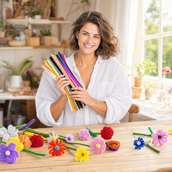Honmine Twistable Floss Flower Bouquet DIY, Super Dense Pipe Cleaner Craft Kit for Creative Art Project, Handmade Fluffy Floral Arrangement for Home Decor, Gift