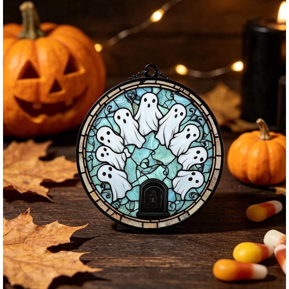 Honmine Vintage Stained Glass Ghost Halloween Acrylic Hanging Ornament, Round Door Window Decor with Gothic Design, Spooky Themed Decorative for Window, Door, Patio