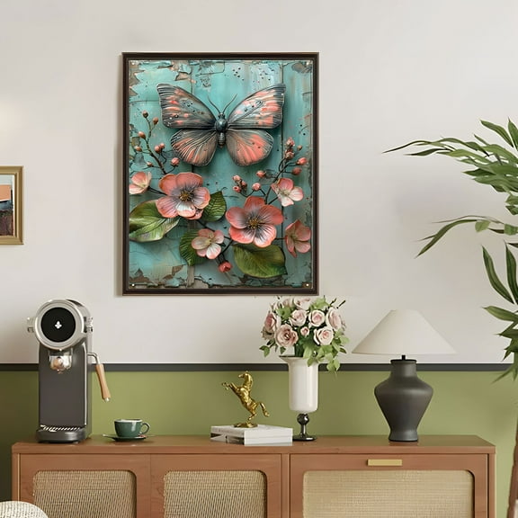Honmine Wall Art, Vintage Floral Butterfly Art, Blossom Flower Print Canvas, Botanical Canvas Prints, Nature Picture Spring Plant, Artwork for Wall Hang, Art Wall Hanging