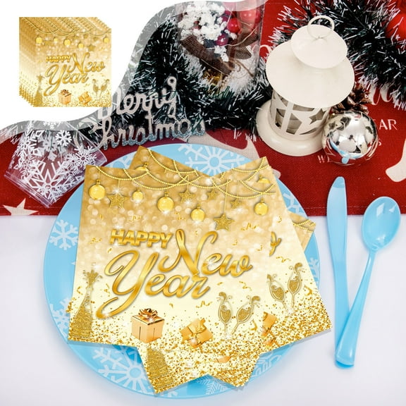 Honmine White and Gold Year Tableware, Happy Year Theme Disposable Plates Cups, Party Themed Set for Celebration, Event, Holiday Gathering