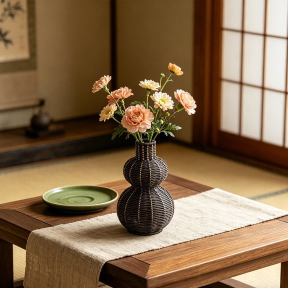 Honmine Wicker Style Flower Basket Vase, Imitation Rattan Woven Floral Arrangement Box, Decorative Art Object for Living Room, Tabletop, Fresh Flower Holder