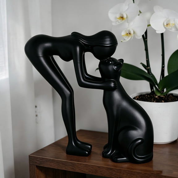 Honmine Woman Kissing Sculpture Modern Abstract, Lover Decor Desktop Figurine Gift, 3D Printed Woman Petting Cat for Home Office Shelf, Desk, Display