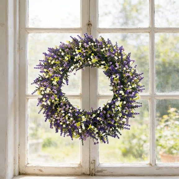 Honmine Wreath Hanging Decorations, Ambiance Decoration for Home Window Display and Door Hanging, 13.8 Inch Simulated Wheat Lavender Wreath, Spring Summer, Front Door