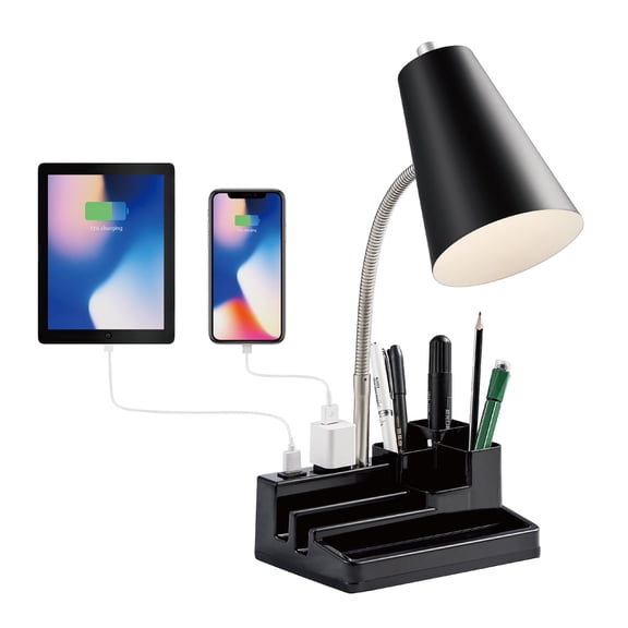HonoDing 15-Inch Adjustable Gooseneck Desk Lamp with USB Charger and AC Outlet, Black