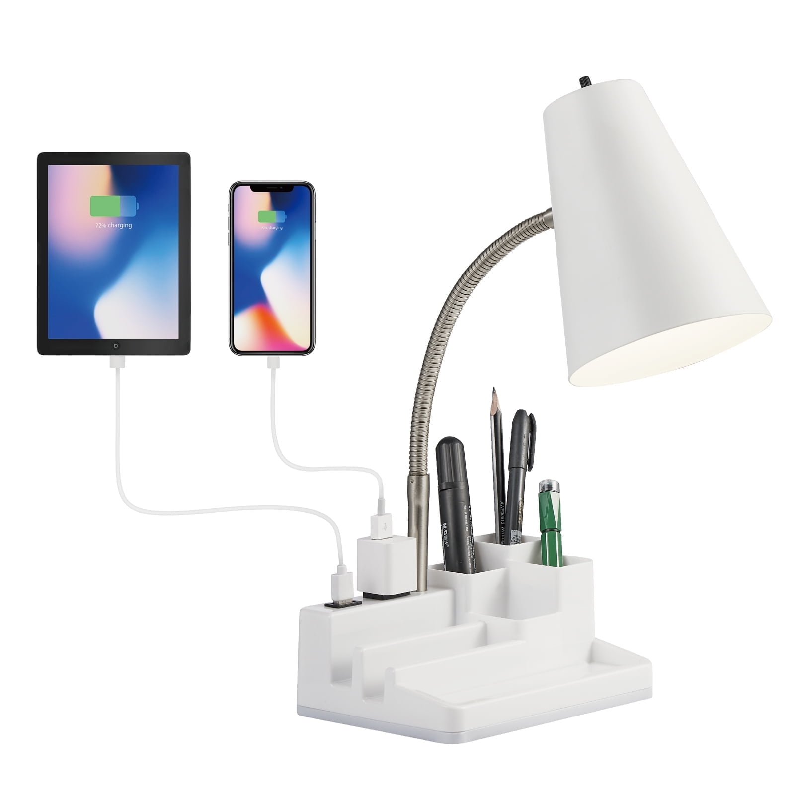 HonoDing 15-inch Adjustable Desk Lamp with USB Port, Outlet, Penholder, Flexible Gooseneck, White