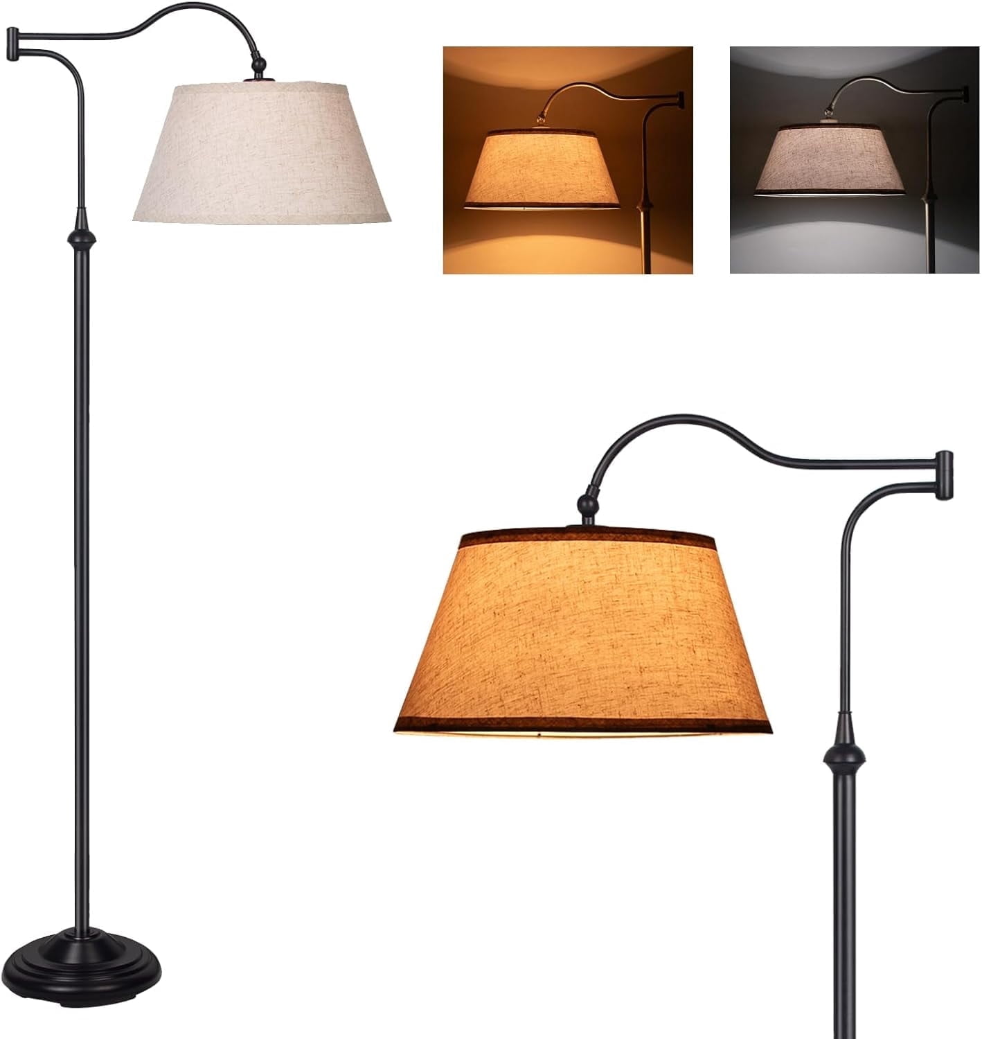HonoDing Cantilever Floor Lamp, Standing Chandelier Floor Lamp with 180° Adjustable Swing Arm, Modern Floor Lamps with Linen Shade,Classic Lamp for Living Room Office Bedroom Reading(Black)