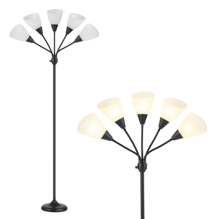 HonoDing 68-Inch 5 Head Floor Lamp Adjustable Arm,Black Floor Lamp with White Shades, No Bulb