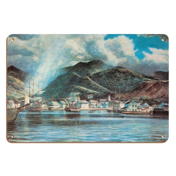 Honolulu Harbor 1850 - Vintage Hawaiian Lithograph Print by Peter Hurd c.1949 - 8 x 12 inch Vintage Wood Art Sign