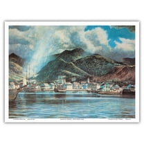 Honolulu Harbor 1850 - Vintage Hawaiian Lithograph Print by Peter Hurd c.1949 - Master Art Print (Unframed) 9in x 12in