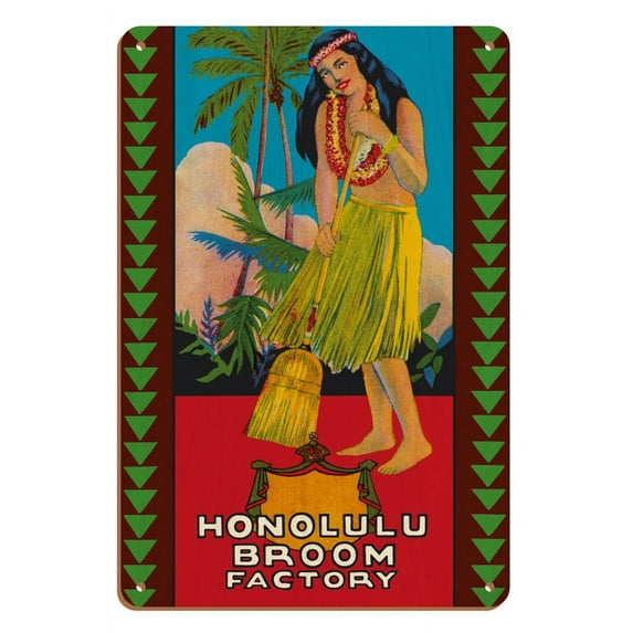 Honolulu Hawaii Broom Factory - Hawaiian Hula Girl - Vintage Advertising Poster c.1950s - 8 x 12 inch Vintage Wood Art Sign